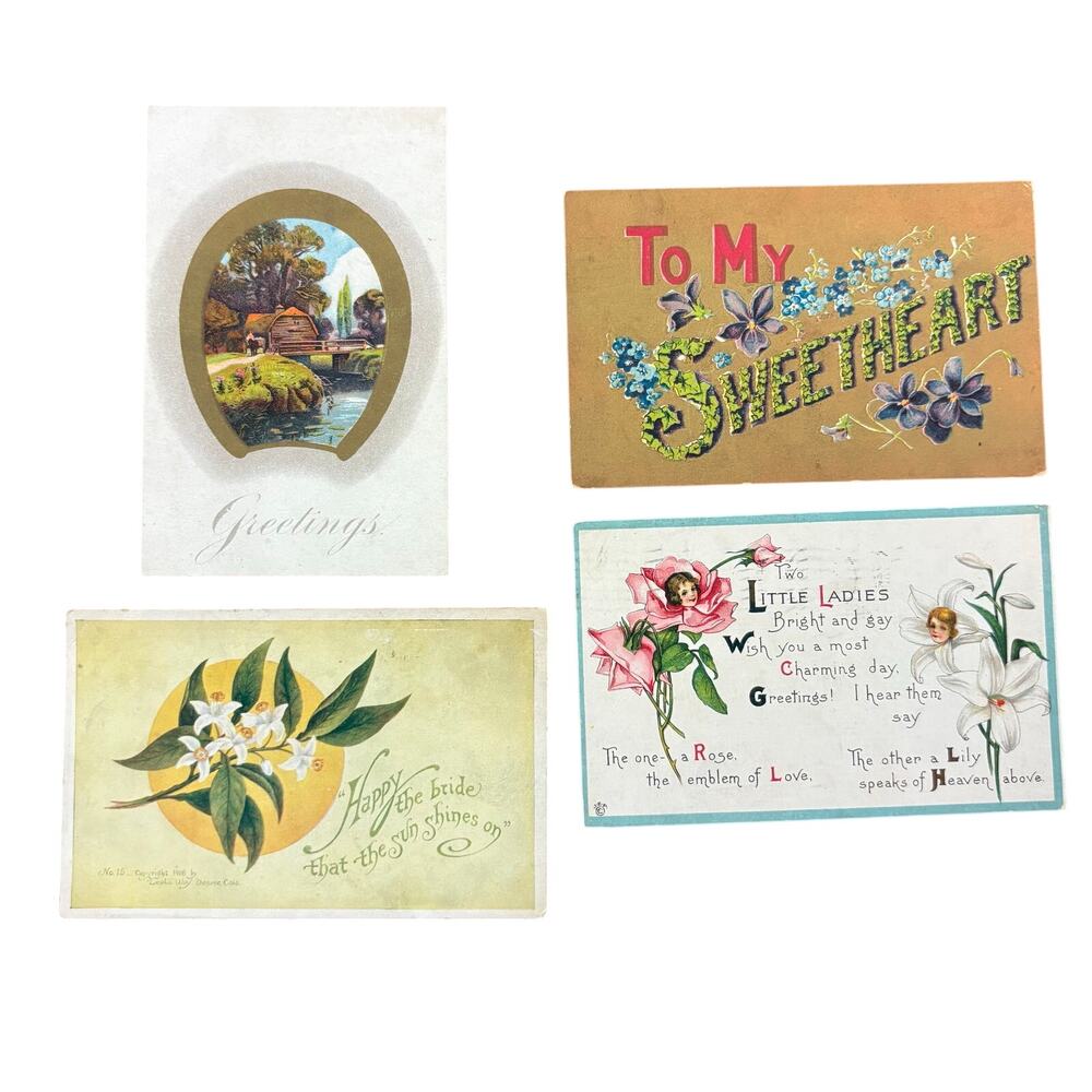Antique Postcards Flowers Nature House Lot of 4 Early 1900s Embossed Gilt